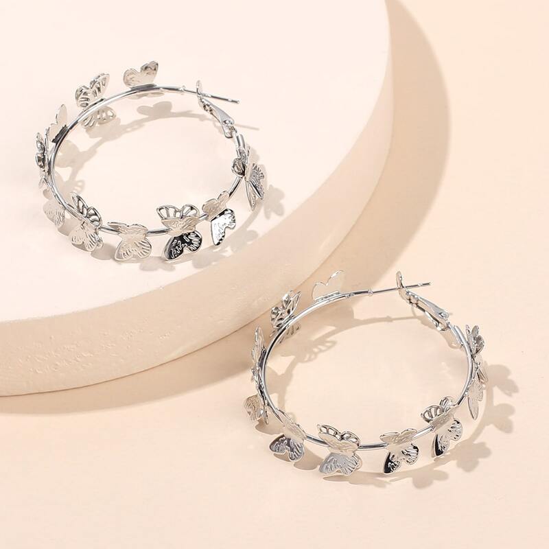

Butterfly Decor Hoop Earrings, Silver
