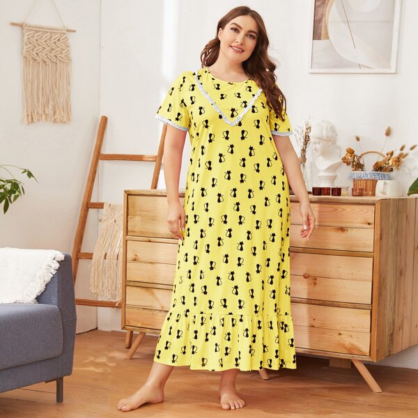 

Plus Cat Print Eyelet Embroidered Trim Flounce Hem Nightdress, Yellow