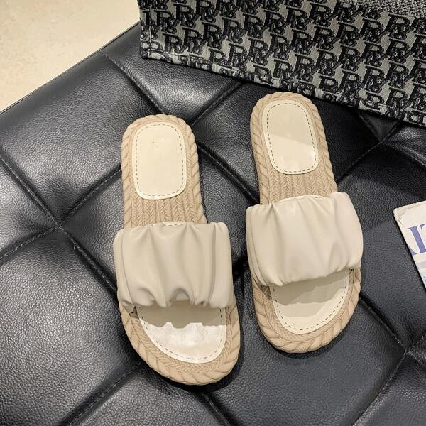 

Ruched Non-slip Slide Sandals, Beige