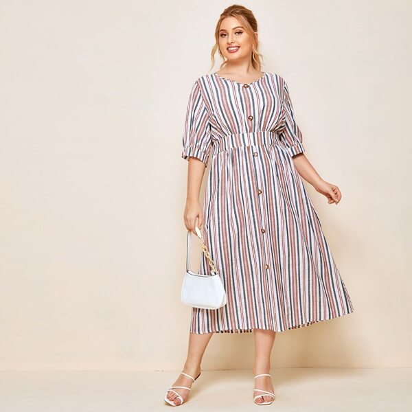 

Plus Button Front Striped Dress, Multicolor