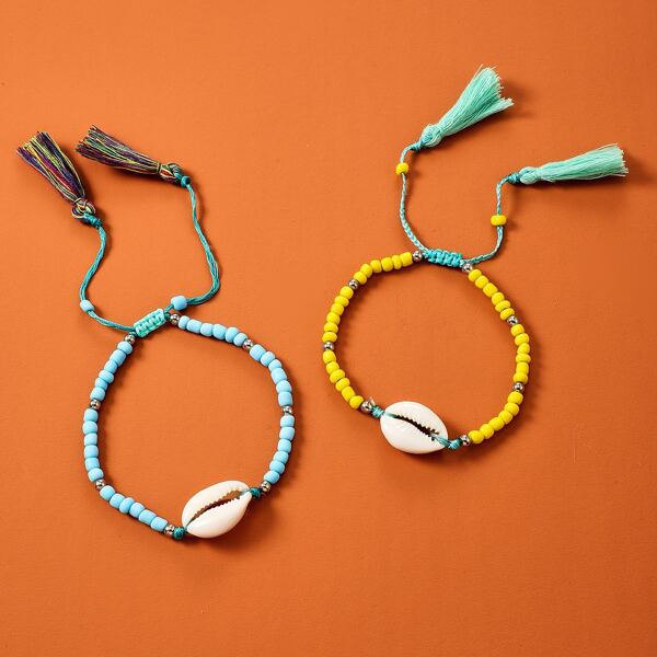 

Shell & Tassel Detail Beaded Bracelet Set 2pcs, Multicolor