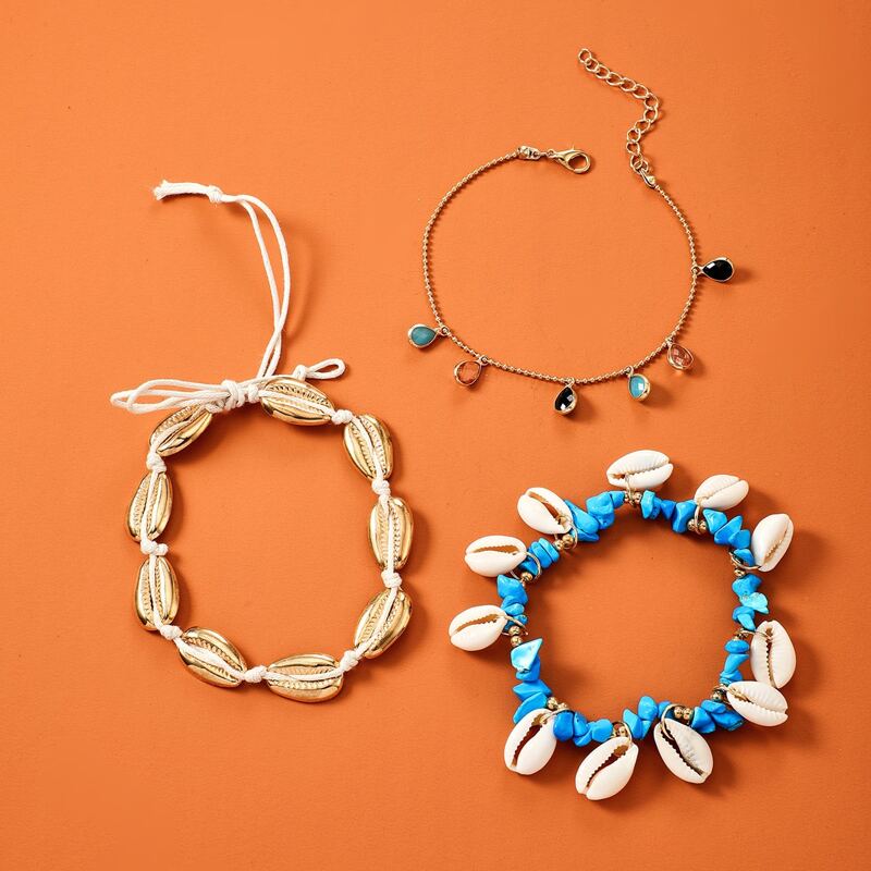 

Shell & Water Drop Charm Chain Anklet 3pcs, Multicolor