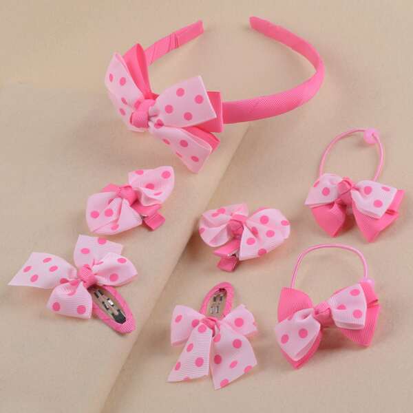 

7pcs Toddler Girls Polka Dot Bow Decor Hair Accessory Set, Dusty pink