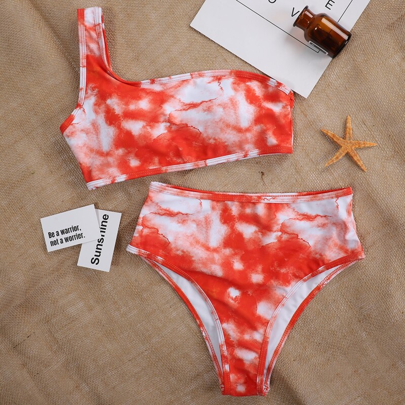

Tie Dye One Shoulder Bikini Swimsuit, Red