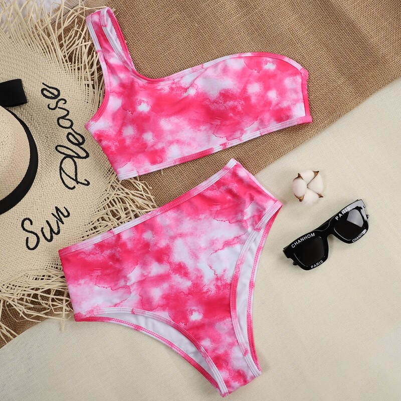 

Tie Dye One Shoulder Bikini Swimsuit, Hot pink bright