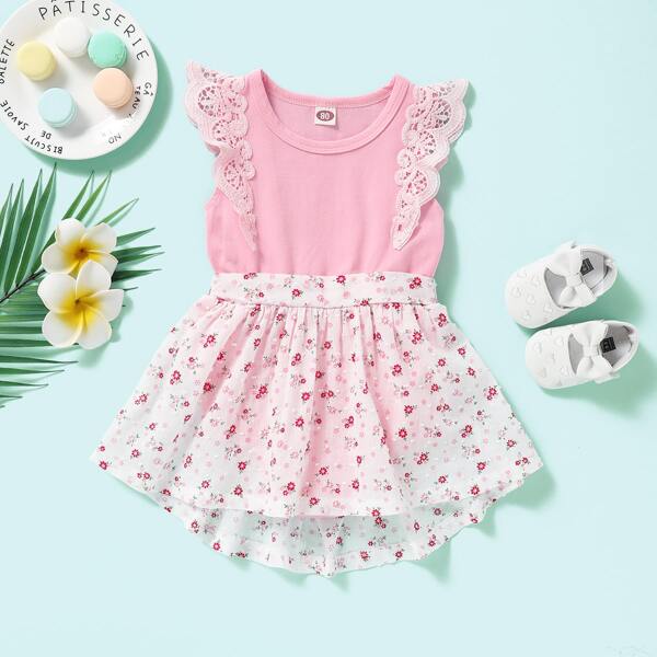 

Baby Girl Contrast Ditsy Floral Hem Lace Cuff Bodysuit, Multicolor
