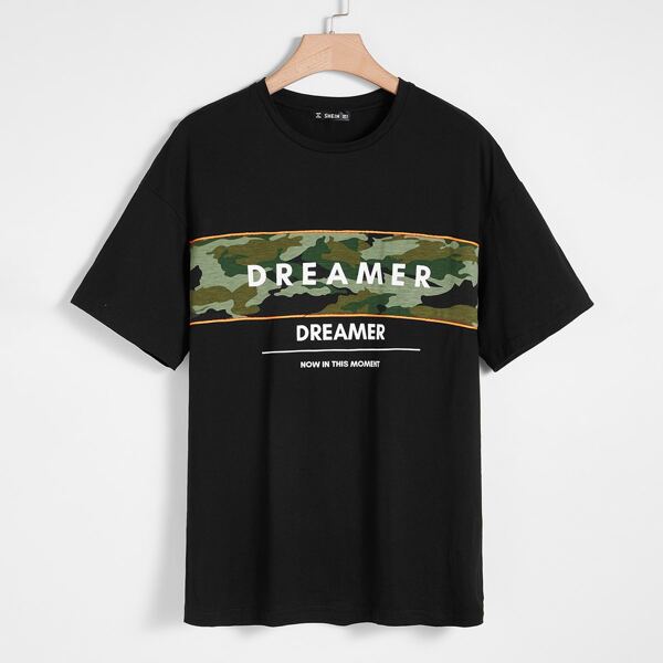 

Men Letter Graphic Camo Panel Tee, Black