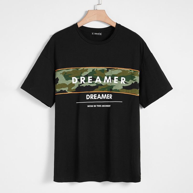 

Guys Letter Graphic Camo Panel Tee, Black