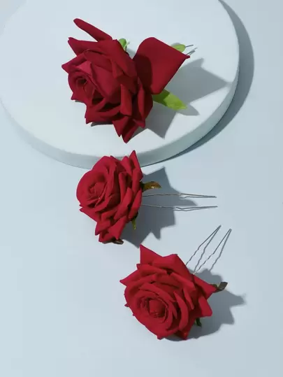Set de 3 pasadores, pinzas y hebillas para el cabello con decoración de rosas en estilo bohemio para el día de San Valentín