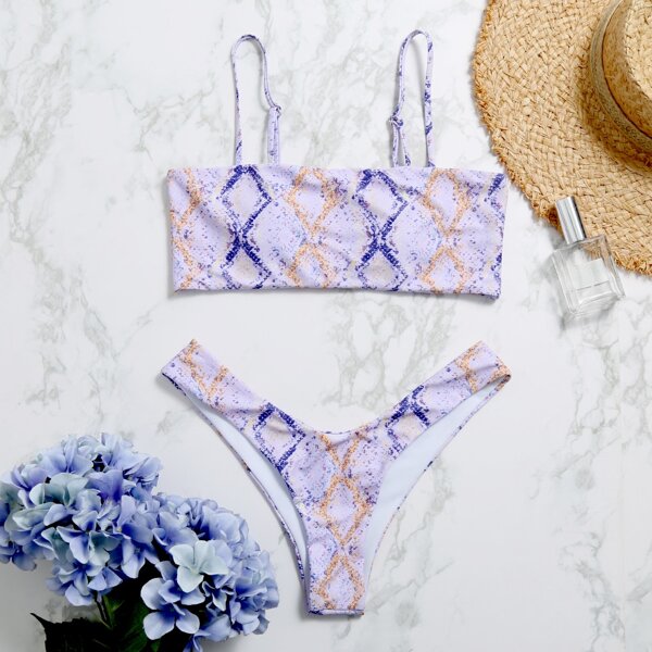 

Snakeskin High Leg Bikini Swimsuit, Pastel lilac purple