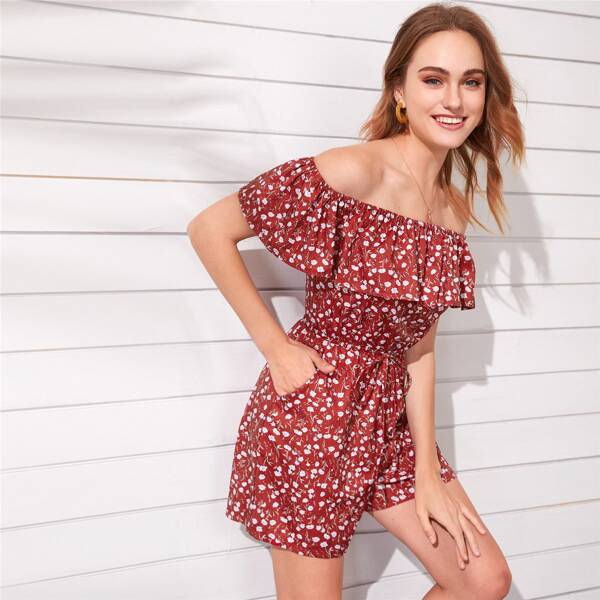 

Ruffle Trim Tie Front Ditsy Floral Bardot Romper, Burgundy