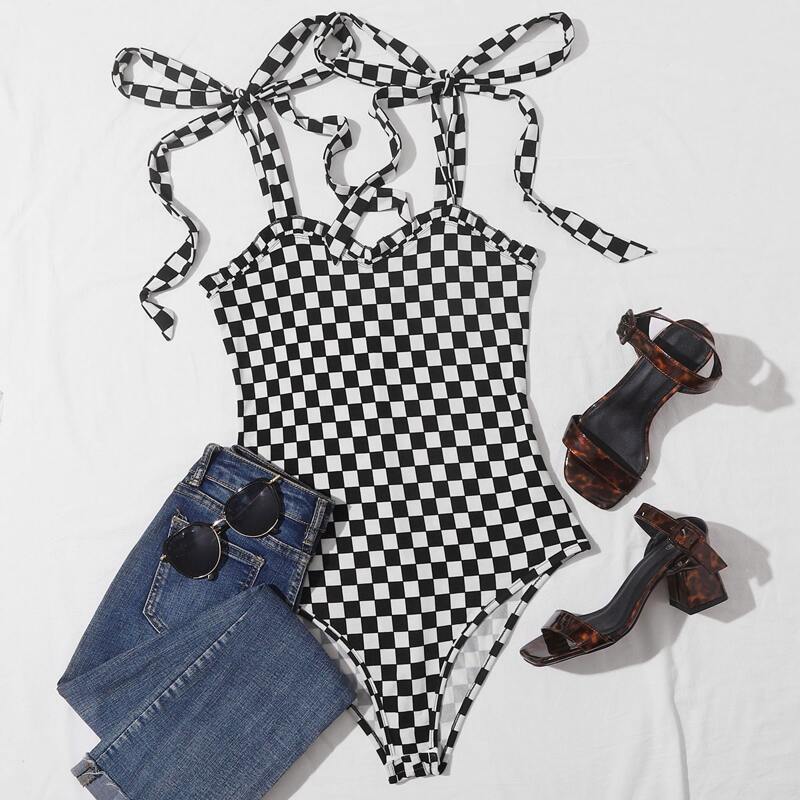 

Tie Shoulder Frill Trim Cami Bodysuit, Black and white