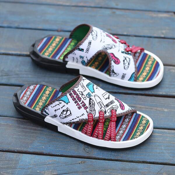 

Men Cartoon Graphic Cut Out Slide Sandals, White