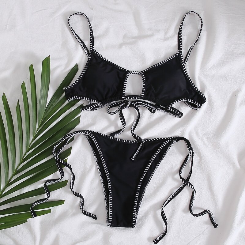 

Whip Stitch Cut-out Tie Side Bikini Swimsuit, Black