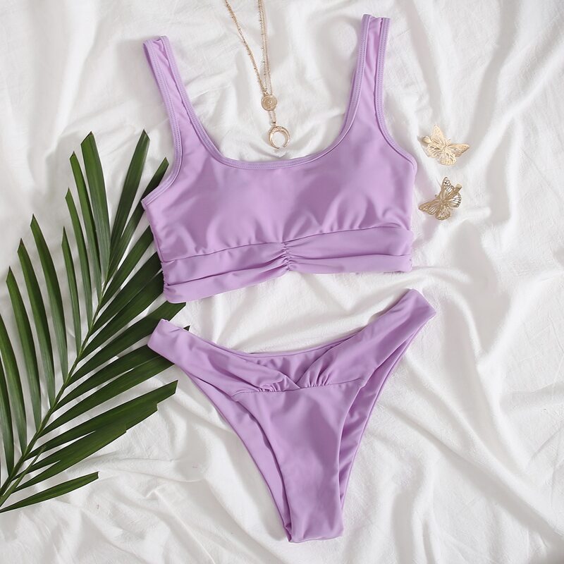 

Ruched Detail High Cut Bikini Swimsuit, Lilac purple