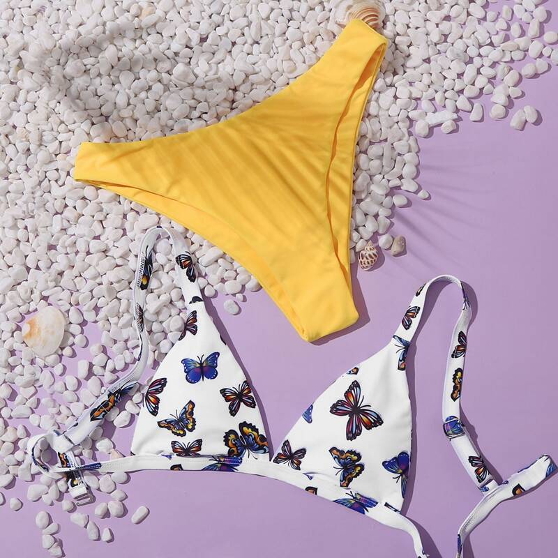 

Butterfly Print Triangle Bikini Swimsuit, Multicolor