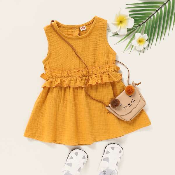 

Baby Girl Textured Ruffle Trim Button Back Dress, Mustard yellow