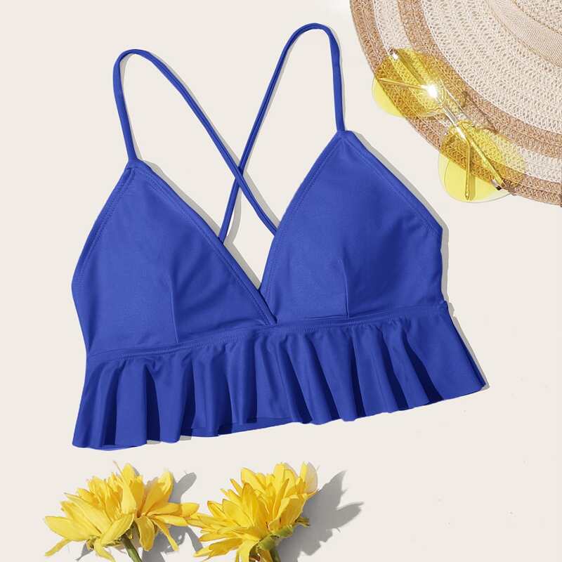 

Ruffle Hem Crisscross Bikini Top, Royal blue