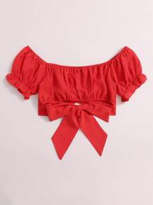 Soleia Tied Hem Puff Sleeve Crop Top - Red - View 2