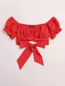 Soleia Tied Hem Puff Sleeve Crop Top - Red - View 3