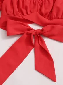 Soleia Tied Hem Puff Sleeve Crop Top - Red - View 6