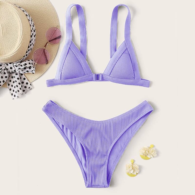 

Rib Triangle High Leg Bikini Swimsuit, Lilac purple