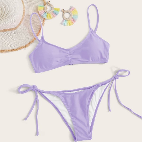 

Ruched Tie Side Bikini Swimsuit, Lilac purple