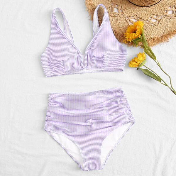 

Striped V Wired High Waisted Bikini Swimsuit, Lilac purple