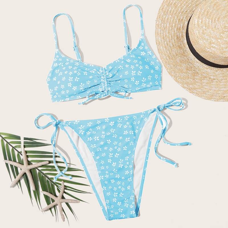 

Ditsy Floral Drawstring Tie Side Bikini Swimsuit, Baby blue