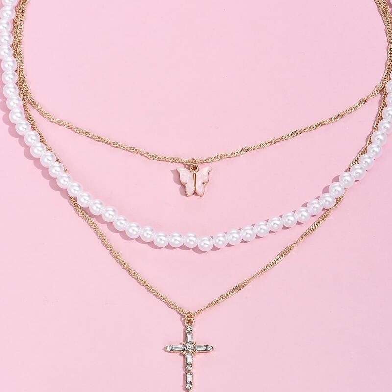 

2pcs Cross Charm Layered Necklace, Multicolor