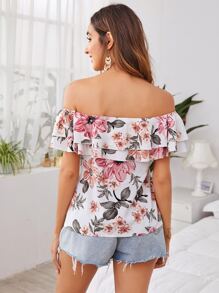 SHEIN VCAY Top floral de hombros descubiertos con volante a capas - Blanco - Ver 2