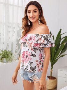 SHEIN VCAY Top floral de hombros descubiertos con volante a capas - Blanco - Ver 3