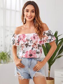 SHEIN VCAY Top floral de hombros descubiertos con volante a capas - Blanco - Ver 5