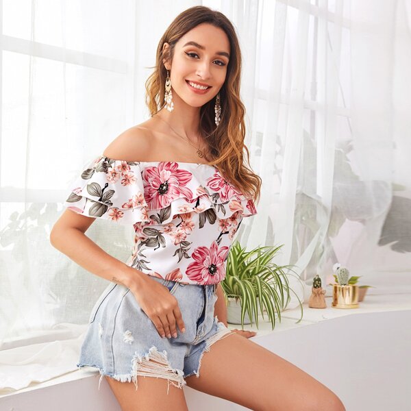 

Layered Flounce Off Shoulder Floral Top, White