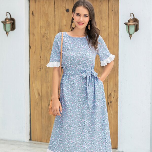 

Ditsy Floral Colorblock Belted Dress, Dusty blue