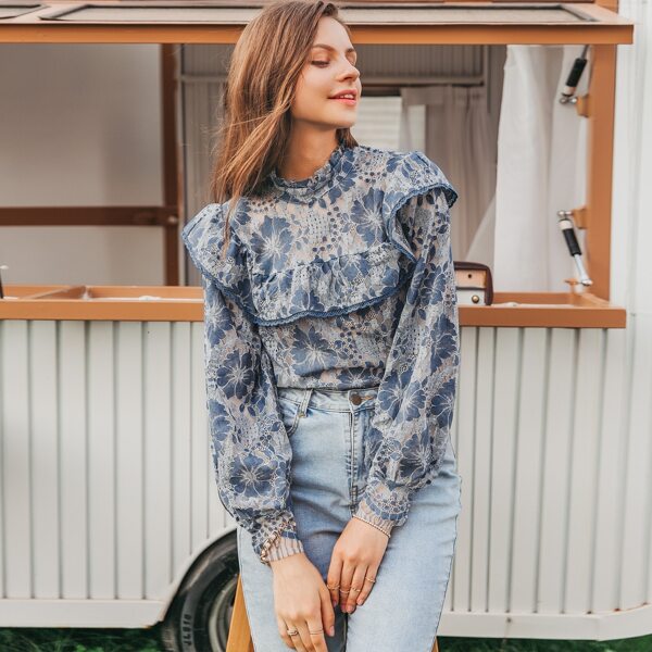 

Simplee Frill Neck Lantern Sleeve Ruffle Trim Lace Top, Dusty blue