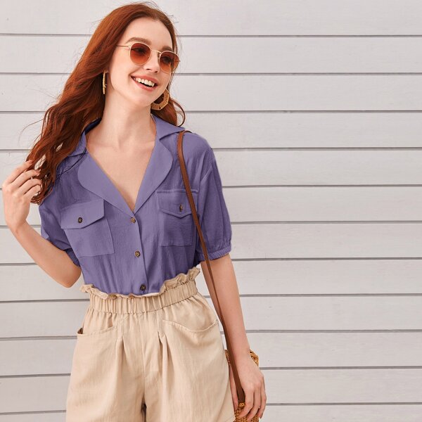 

Dual Flap Pocket Front Blouse, Violet purple