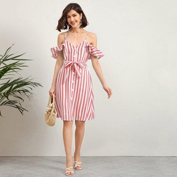 

Striped Cold Shoulder Belted Dress, Coral pink