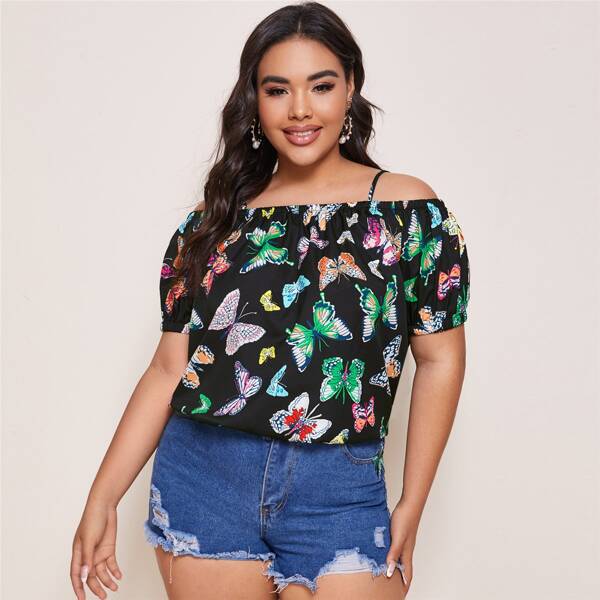 

Plus Cold Shoulder Butterfly Print Blouse, Black