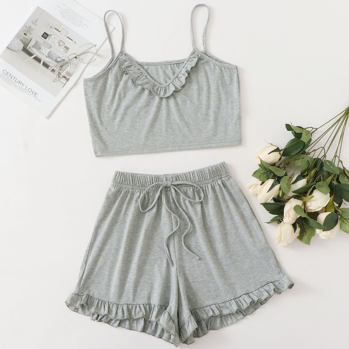 

Frill Trim Cami Top With Elastic Waist Shorts, Light grey