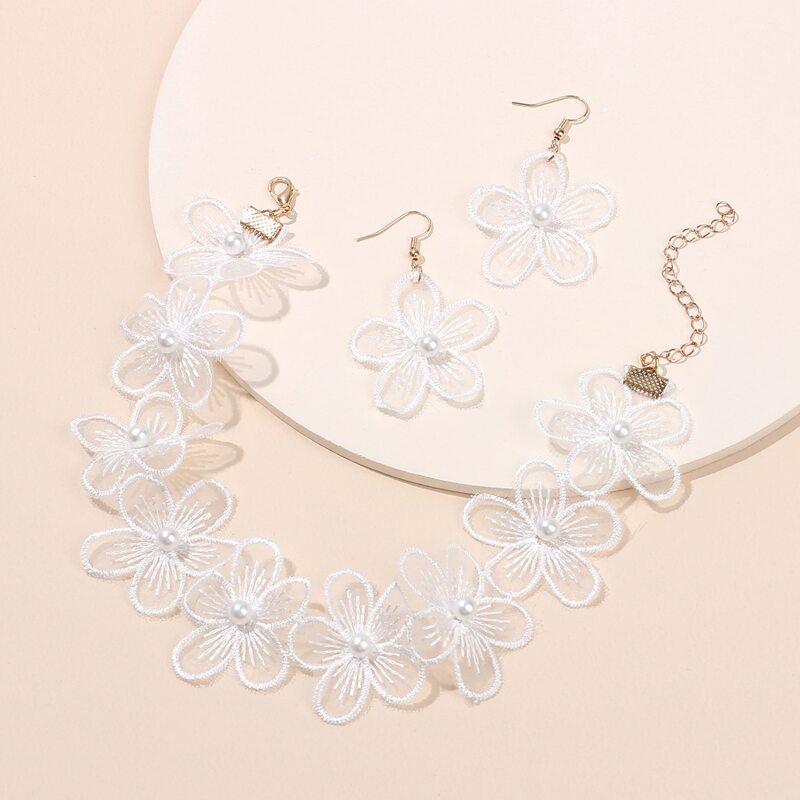 

3pcs Faux Pearl Floral Decor Jewelry Set, White
