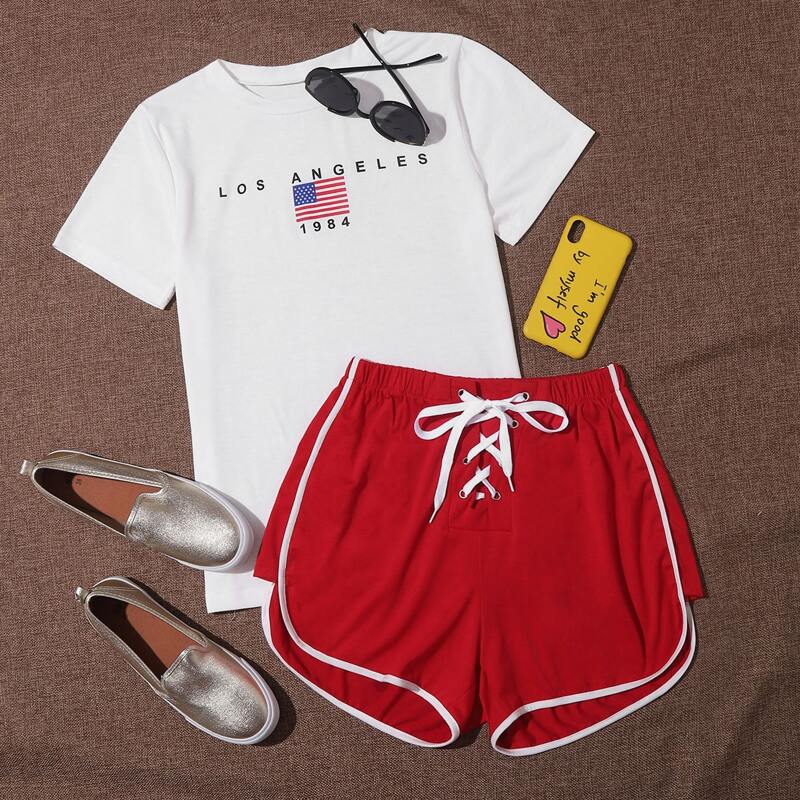 

American Flag & Letter Graphic Tee & Lace Up Dolphin Shorts, Multicolor