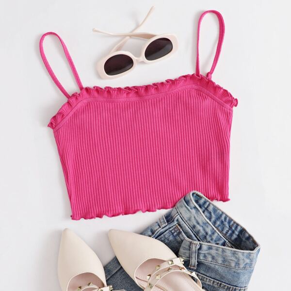 

Frill Trim Ribbed Cami Top, Hot pink