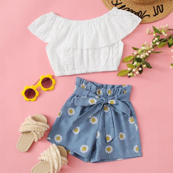 

Toddler Girls Schiffy Bardot Top With Floral Paperbag Shorts, Multicolor
