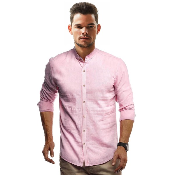 

Men Stand Collar Button Up Shirt, Baby pink