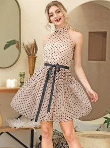 HouseOfChic後繫帶腰帶波卡圓點網紗繞頸連衣裙 - 杏色 - 查看 1