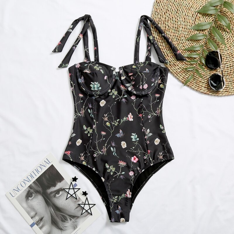 

Floral Tie Shoulder Underwire One Piece Swimsuit, Black