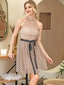 HouseOfChic後繫帶腰帶波卡圓點網紗繞頸連衣裙 - 杏色 - 查看 6