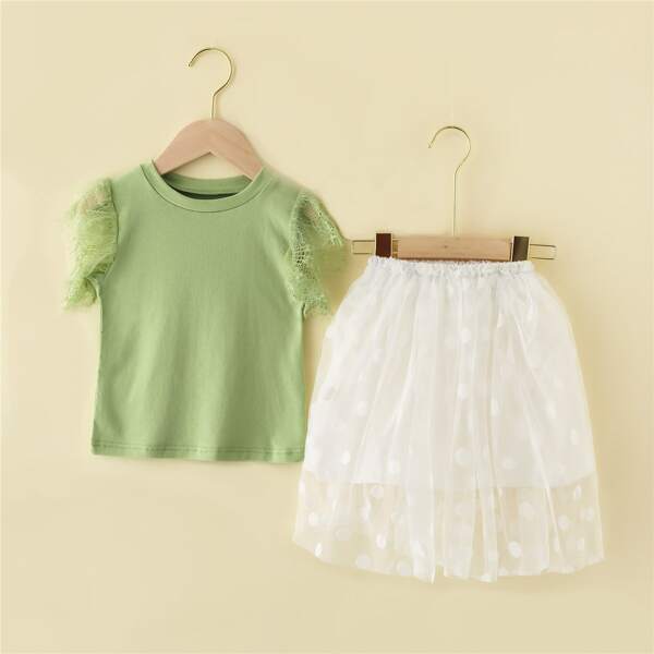 

Toddler Girls Contrast Lace Trim Tee With Polka Dot Skirt, Multicolor
