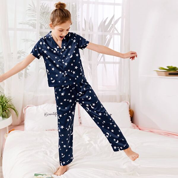 

Girls Satin Galaxy Print Lapel Collar PJ Set, Navy blue
